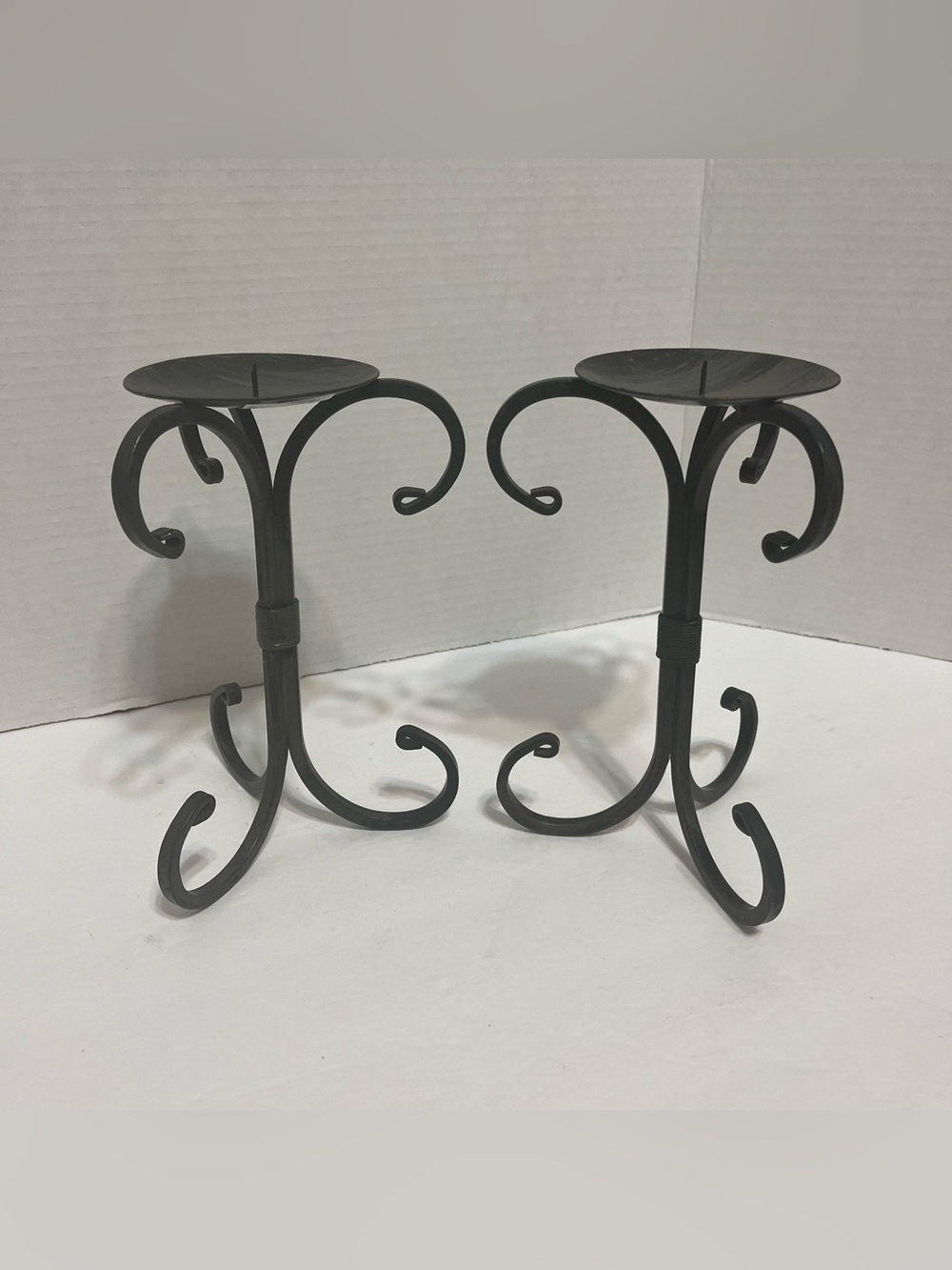 Decorative Black Metal Candle Holders with brown brush finish Pair scrolled legs